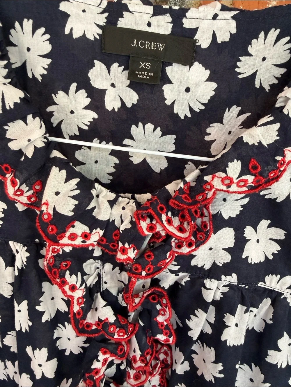 J. Crew Navy Floral Blouse with Red Embroidered Ruffle